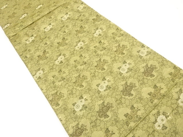 JAPANESE KIMONO / ANTIQUE MARU OBI / SILK / WOVEN IVY LEAVES & KIKU